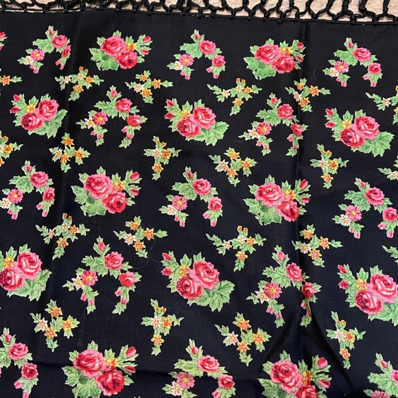 Floral Black Scarf with Fringe - Picture 2 of 3
